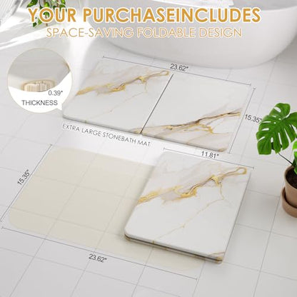 Foldable Stone Bath Mat - 24"x16" Fast-Drying Diatomaceous Earth Stone Shower Mat for Bathroom & Kitchen - Absorbent Non-Slip Diatomite Floor Mat - Eco-Friendly, Easy-Store Minimalist Home Decor
