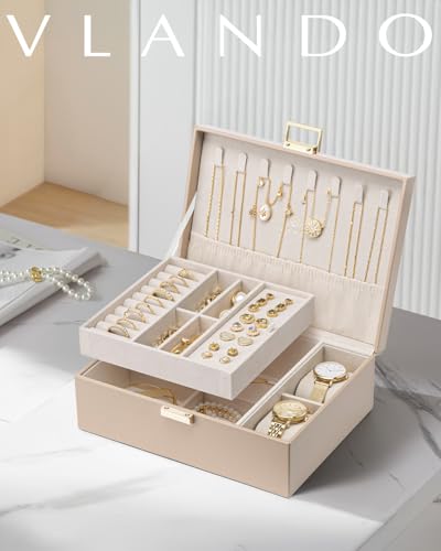 VLANDO Jewelry Organizer, 2-Layer Design with Tray and Watch Pillow,Toffee | Generous Space Stores All Kinds of Jewelry Tidily,Elegant Look Serves as a Nice Birthday and Holiday Gift for Ladies
