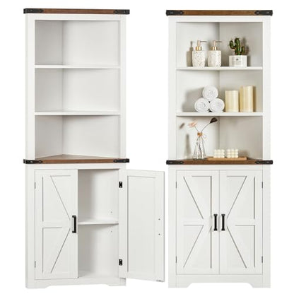 Farmhouse Corner Cabinet, 70" H Tall Corner Hutch with 5 Shelves & 2 Barn Doors, Bathroom Cabinet with Adjustable Shelf, for Living Room, Kitchen, Bathroom, White