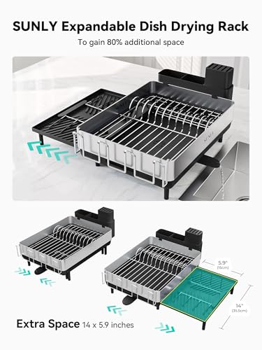 Large Dish Drying Rack, Expandable Dish Racks for Kitchen Counter, Space Saving 304 Stainless Steel Drying Rack Kitchen, Extra Large Drainer with Multifunctional Flip Up Pegs, Black