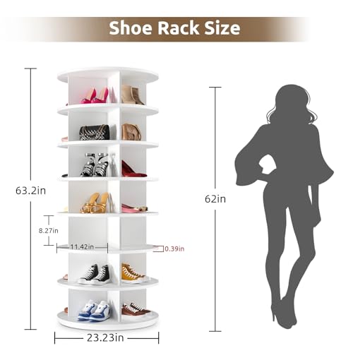 Rotating Shoe Rack 7 Tier Spinning Shoes Organizer Tower for 28-32 Pairs Lazy Susan 360 Revolving Shoe Storage Cabinet Rotate Shoe Handbag Rack Round Carousel for Closet, Bedroom (White)