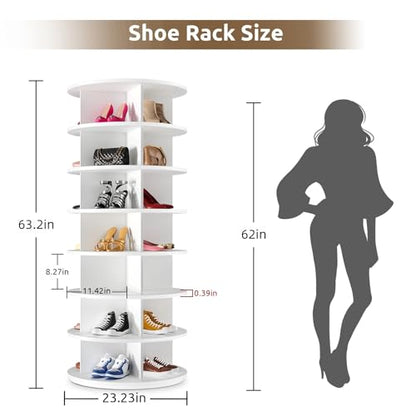 Rotating Shoe Rack 7 Tier Spinning Shoes Organizer Tower for 28-32 Pairs Lazy Susan 360 Revolving Shoe Storage Cabinet Rotate Shoe Handbag Rack Round Carousel for Closet, Bedroom (White)