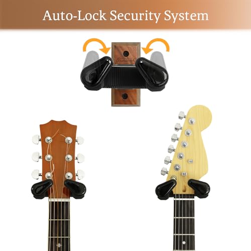 Onmiwod Guitar Wall Mount, Auto Lock Black Walnut Wood Guitar Hanger, Guitar Wall Hangers, Guitar Holder Hook Wall Stand for Classical, Acoustic, Electric Guitar, Bass, Gift for Guitar Player