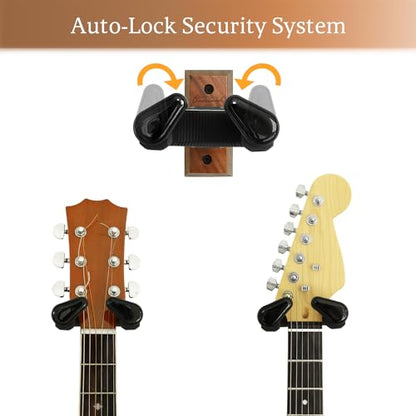 Onmiwod Guitar Wall Mount, Auto Lock Black Walnut Wood Guitar Hanger, Guitar Wall Hangers, Guitar Holder Hook Wall Stand for Classical, Acoustic, Electric Guitar, Bass, Gift for Guitar Player