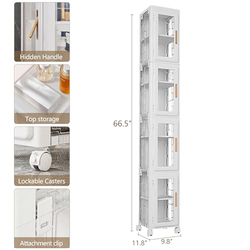 VECELO 4 Tier Tall Plastic Slim Storage Cabinet with Lockable Wheels, Adjustable Shelves, Anti-Tip for Bathroom, Living Room, Laundry Room, Kitchen, Narrow/Small Space, Easy Assembly, Clear