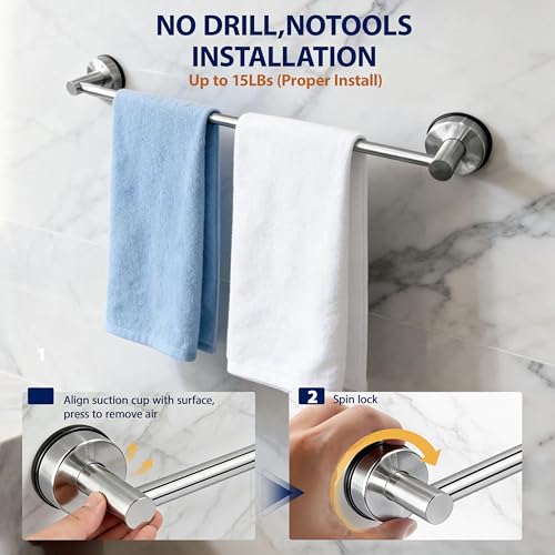 Suction Cup Towel Bar Towel Racks for Bathroom 14.6-24in Adjustable | No Drill Towel Rack, Stainless Steel Construction, Heavy Duty Wall Mounted (silver)