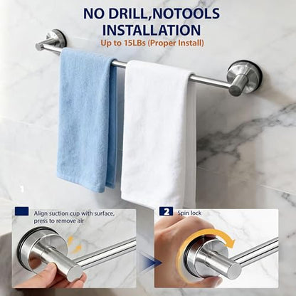 Suction Cup Towel Bar Towel Racks for Bathroom 14.6-24in Adjustable | No Drill Towel Rack, Stainless Steel Construction, Heavy Duty Wall Mounted (silver)