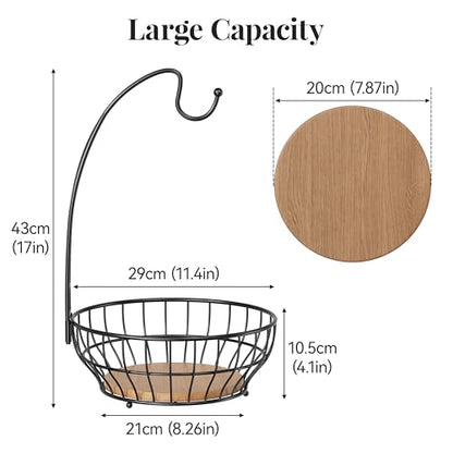 Large Capacity Fruit Basket for Kitchen Counter with Banana Hanger and Wooden Base, Large Countertop Fruit and Vegetable Storage Holder