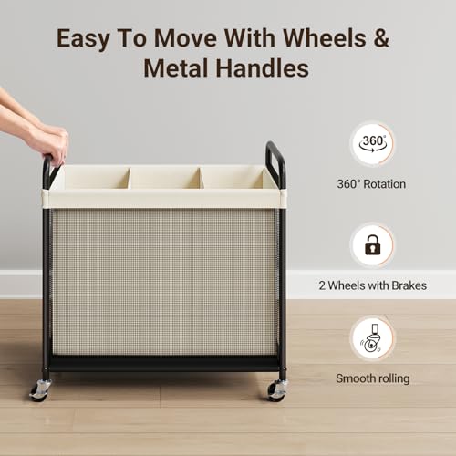 Laundry Hamper 3 Section, 120L Rolling Laundry Sorter with Wheels | Removable Washable Liner Bags, Sturdy Steel Frame and Metal Handle, 3 Compartment Clothes Organizer for Laundry Sorting