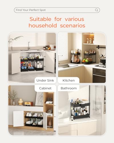 3-Pack 2-Tier Under Sink Organizers with Sliding Drawers | Multi-use kitchen & bathroom storage, 12.8 inch black cabinet organizer, space-saving sliding drawer design.