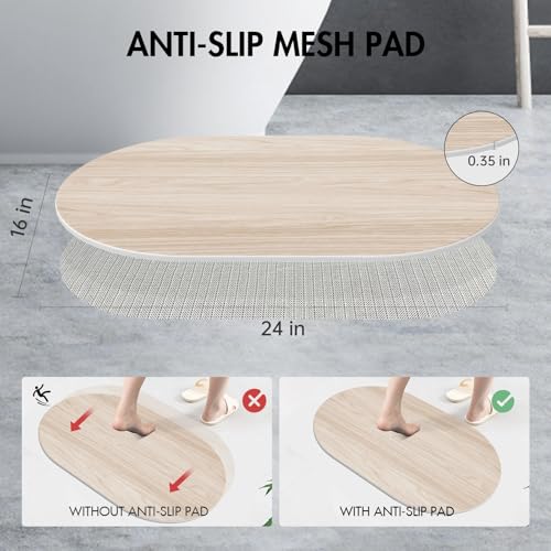 Stone Bath Mat for Bathroom|Diatomaceous Earth Bath Mat|Quick Dry Water Absorbing Bath Stone Mat Large|Non-Slip Bathroom Shower Rug|Easy to Clean (24×16'', Wood Grain, Oval)