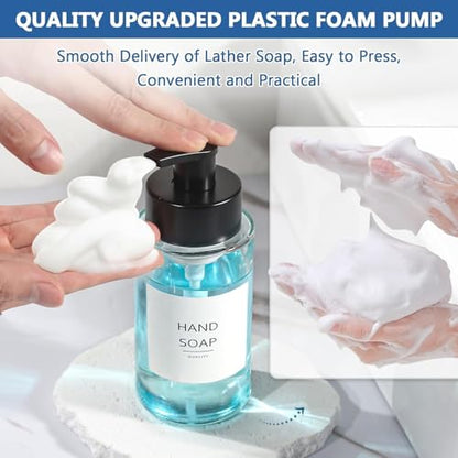 Foaming Soap Dispenser, 10 oz/300ml Foaming Hand Soap Dispenser, 2 Pack Glass Foaming Soap Dispenser for Bathroom Kitchen, Clear Refillable Foam Soap Dispenser Bottle with Waterproof Labels