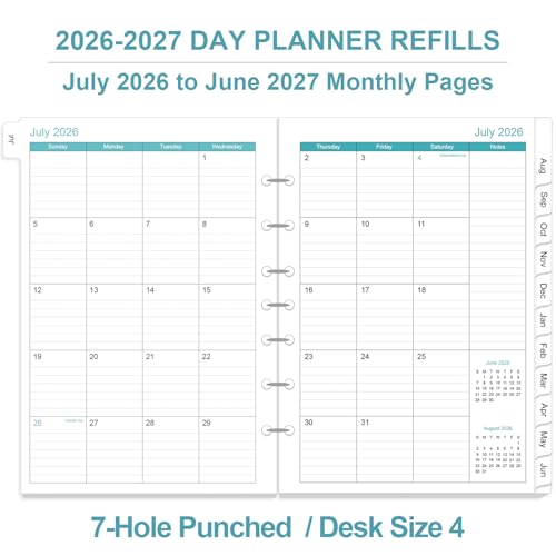2026-2027 Planner Refills - One Page Per Day Daily ＆ Monthly Planner, July 2026-June 2027, 7-Hole Punched，Prioritized, To-Do List, Notes, Appointment Schedule, Desk Size 4, 5.8" x 8.3"