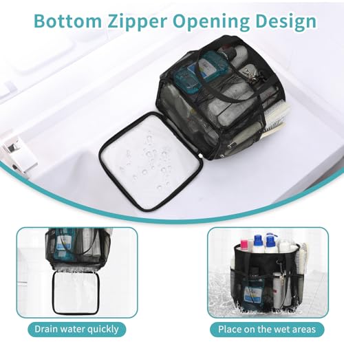 Mesh Shower Caddy Portable for College Dorm Room Essentials, Shower Tote Bag with Hanging Hook and Drawstring, Quick Dry Toiletry Bag with 6 Pockets for Bathroom, Swimming, Gym, Camping, Beach, Travel