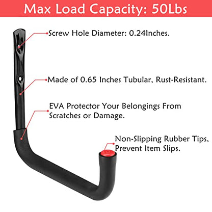 Garage Storage Ladders Hooks, 6 Pack Heavy Duty Utility Hanger, 9.8IN Wall Mount Rack Safely Holds 50 Pounds