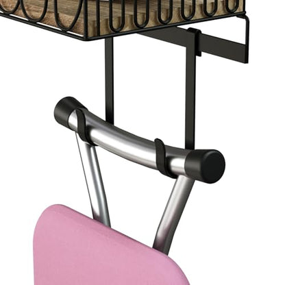 SRIWATANA Ironing Board Hanger Wall Mount, Carbonized Black | Space Saving Ironing Board Holder, Laundry Room Organizer & Storage, Movable Hooks Fit T-Leg, Large Storage Wood Base Basket