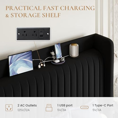SHA CERLIN Queen Size Velvet Bed Frame with Shelf, Charging Station, Black