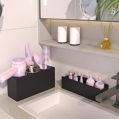 Matte Black Countertop Hair Tool Organizer for Vanity | Stainless Heat Insulated Cups, Detachable Drawer, Stores Hot Styling Tools, Hair Dryer & Curling Irons