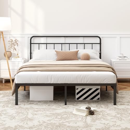 Kujielan 12 inches Full Size Bed Frame with Minimalist headboard,Metal Platform Base with Strong Metal Slats,Mattress Foundation for Under Bed Storage,Easy Assembly,Black
