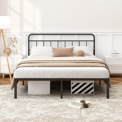 Kujielan 12 inches Full Size Bed Frame with Minimalist headboard,Metal Platform Base with Strong Metal Slats,Mattress Foundation for Under Bed Storage,Easy Assembly,Black