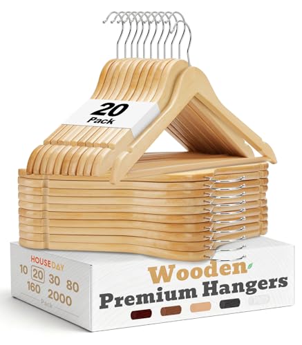 HOUSE DAY Wooden Hangers 20 Pack, Solid Wood Hanger with Non Slip Pant Bar, Heavy Duty Wooden Coat Hanger for Closet, Smooth Finish Wood Clothes Hangers for Shirts, Suits, Jackets, Dresses, Natural
