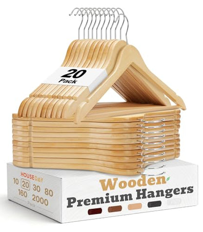 HOUSE DAY Wooden Hangers 20 Pack, Solid Wood Hanger with Non Slip Pant Bar, Heavy Duty Wooden Coat Hanger for Closet, Smooth Finish Wood Clothes Hangers for Shirts, Suits, Jackets, Dresses, Natural