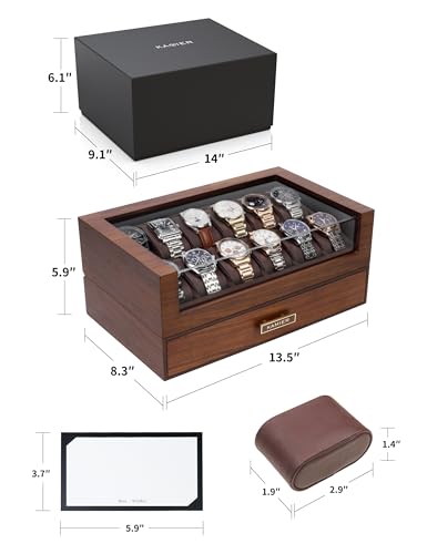 High End Watch Box for Men, 12 Slot Wooden Watch Case With Drawer, Watch Display Box with Glass Lid, 2-Layer Watch Holder for Jewelry and Watch Storage for Men Women , Ideal for Gift (With Gift Box)