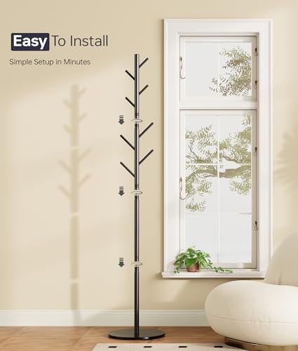 Coat Rack with 8 Hooks, 3 Adjustable Heights, Modern Hall Tree, Sturdy Metal Clothes Stand with Sintered Stone Base for Entryway, Office, Bedroom, for Coats, Hats, Handbags and Scarves, Black