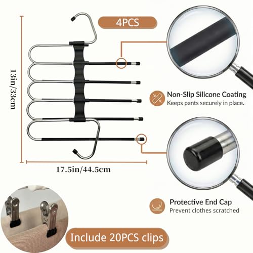 Pants Hangers Space Saving, 5 Tier Jeans Hanger for Closet, Black Multiple Heavy Duty Stainless Steel Pant Rack for Trousers, Legging with 20 Clips (4 Pack)