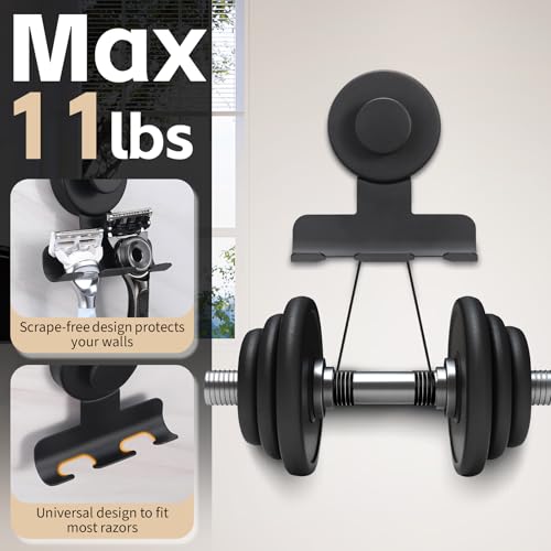 Suction Cup Razor and Shaver Holder for Shower Wall, Stainless Steel Reusable Suction Hook for Towel and Loofah, Damage-Free Installation (2, Matte Black)