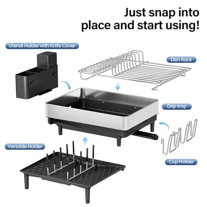 Urackify Expandable Dish Drying Rack, Stainless Steel, Large Capacity | Multifunctional Drainboard for Kitchen Countertop, Removable Cutlery Tray, Foldable Cup Holder, 20.4"L x 20"W, Silver
