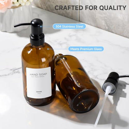 2 Pack Kitchen Soap Dispenser Set - 16oz Amber Glass Dish and Hand Soap Dispenser with Stainless Steel Pump, Instant Dry Tray, Dish Brush & Holder, Refillable Countertop Sink Decor for Kitchen & Bath