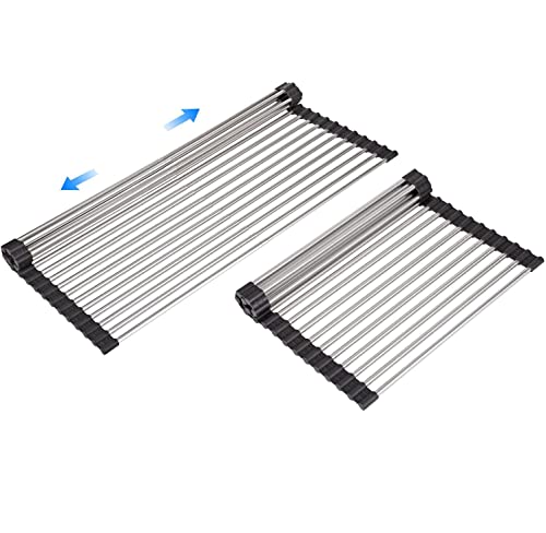 Large Telescopic Drain Rack Roll Up Rack Heat-Resistant Dish Drainer Kitchen Sink Rack Over the Sink Dish Drying Rack Stainless Steel Dish Rack (18 Tube 21.25''x12.79'')