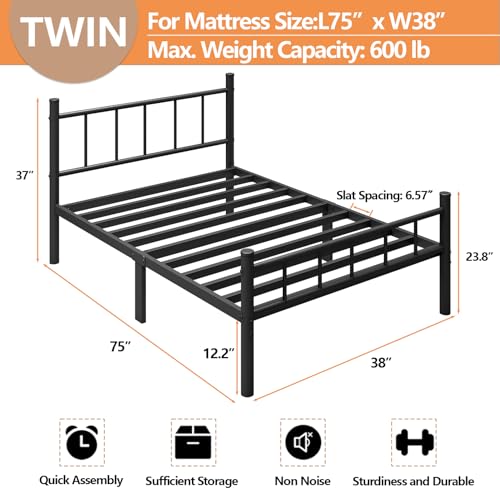 zizin Twin Size Metal Bed Frame with Headboard & Footboard 14 Inch Metal Platform Mattress Foundation Support with Steel Slat, Under Bed Storage, No Box Spring Needed