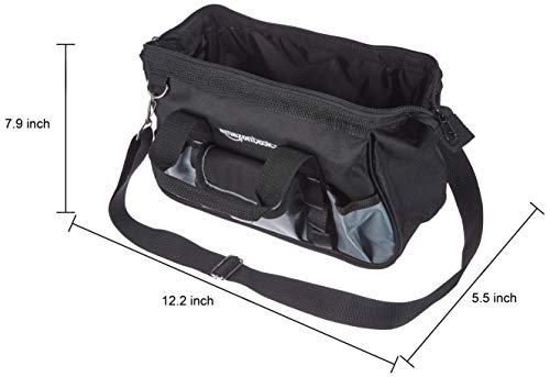 Amazon Basics Durable Wear-Resistant Tool Storage Bag with Adjustable Shoulder Strap, Portable Tool Organizer, 16 Pockets, 12 in, Black & Gray