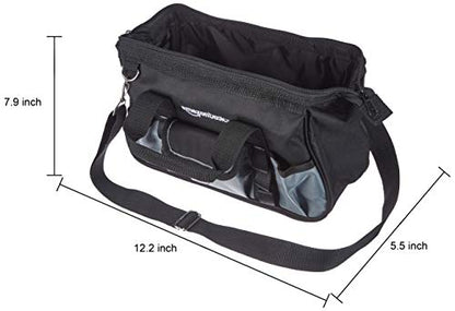 Amazon Basics Durable Wear-Resistant Tool Storage Bag with Adjustable Shoulder Strap, Portable Tool Organizer, 16 Pockets, 12 in, Black & Gray
