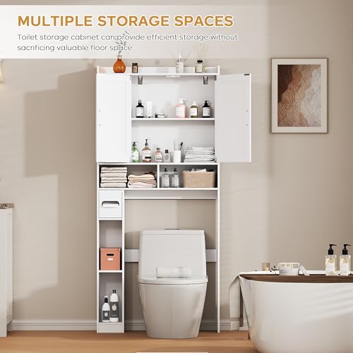Over the Toilet Storage Cabinet, 31”W Bathroom Organizer | With Double Doors, Above Toilet Rack, Detachable Toilet Paper Holder for Bathroom & Laundry Room White