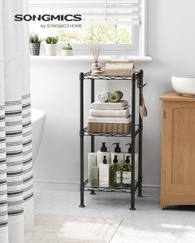 SONGMICS Storage Shelf, Bathroom Shelf for Small Space, 3 Tier, Ink Black | Storage rack with 3 PP shelf liners, removable hook, extendable design, Translucent, ULGR103B01