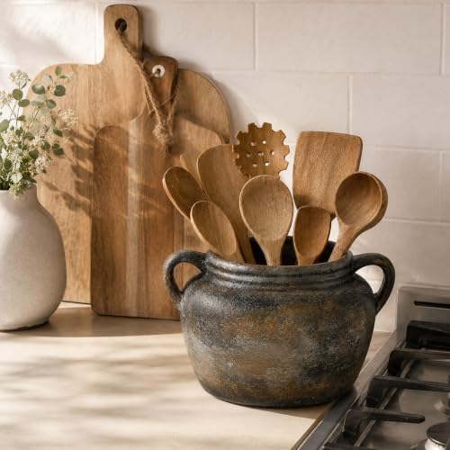 Rustic Utensil Holder for Kitchen Counter - Vintage Utensil Crock | 9.4" x 6.3" Wide Opening Ceramic Organizer, Handcraft Pottery Farmhouse Decor