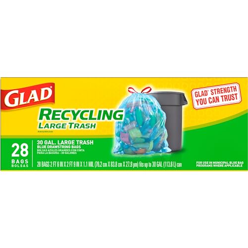 Glad Trash Bags, Large Drawstring Garbage Bags, 30 Gallon Blue Trash Bags for Large Kitchen Trash Can or Recycling, 28 Count - Packaging May Vary