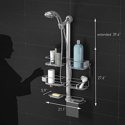simplehuman X-Large Adjustable Hanging Shower Caddy, Handheld Showerhead Compatible, Family-Size Bathroom Organizer with 12-Inch Extended Neck, Adjustable Shelves, Rust-Proof Stainless Steel