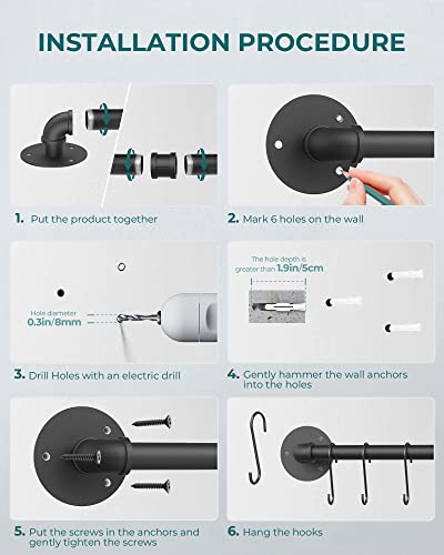 OROPY 38'' Pot Rack Wall Mounted, Iron Pipe Hanging Pot Rack, 14 S Hooks | Industrial Utensils Kitchen Hanging Rail, Pot and Pan Organizer, Pot Lid Organizer, Black