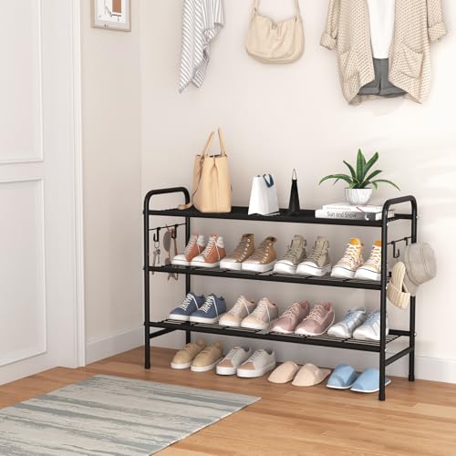 VILICK 3 Tier Shoe Rack 33" Wide Metal Shoe Organizer, Black | Long Shoe Storage, 4 Side Hooks, Sturdy Shoes Shelf, For Front Door Entrance, Closet, Garage, Dorm