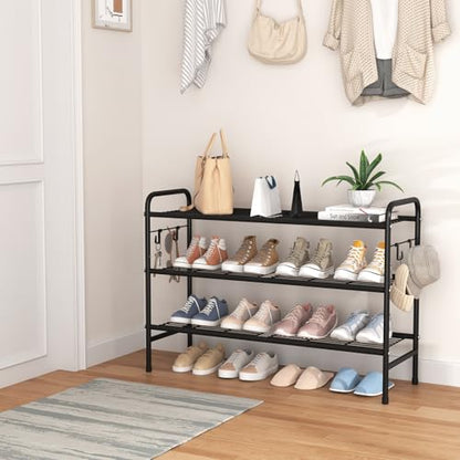 VILICK 3 Tier Shoe Rack 33" Wide Metal Shoe Organizer, Black | Long Shoe Storage, 4 Side Hooks, Sturdy Shoes Shelf, For Front Door Entrance, Closet, Garage, Dorm