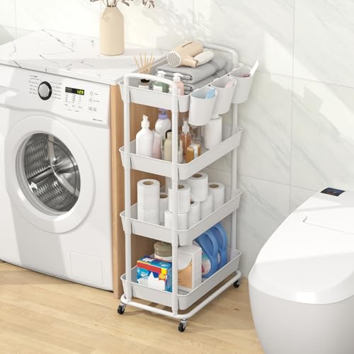 4-Tier Plastic Rolling Storage Cart Utility Cart White | Utility Cart with Extra Hanging Cups Arc-Shaped Handles Lockable Wheels for Living Room Bathroom Kitchen Office