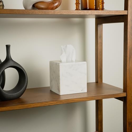 Cork & Mill Marble Tissue Box Cover for Kleenex and More, Square Cube | Real Solid White Stone, Facial Tissue Dispenser Holder for Bathroom Counter, Large Decorative Accessory Container