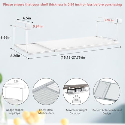 Expandable Under Cabinet Shelf, Extendable Under Shelf Storage with 0.94 Inches Thick Clips for Pantry Cabinet, Laundry Room, Shoe Rack.(White, 1 Pack, Interior: 3.66" H x 8.26" D)