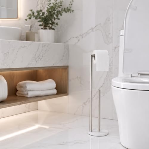 Marble Toilet Paper Holder Stand - Brushed Nickel, Freestanding with Storage, Floor Stand, Silver Toilet Roll Holder, Standing Paper Towel Holder