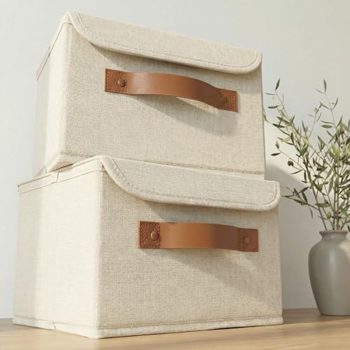 Decorative Linen Storage Boxes with Lids - Spaciou... (2 Count | Ivory | Polyester)