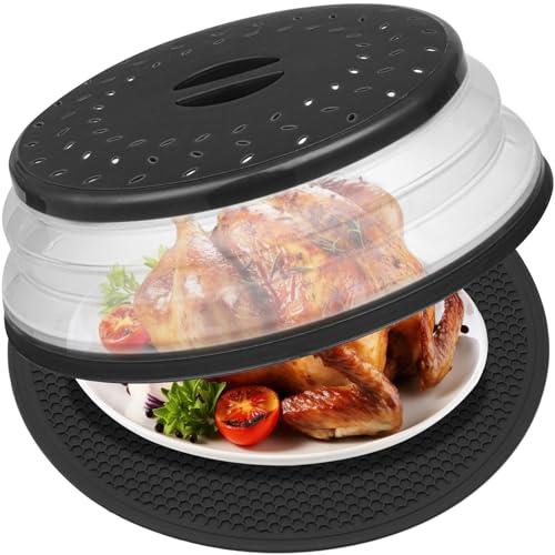 12" Microwave food Cover & Mat,Large Vented Collapsible Splatter Guard dish Plate lid & Silicone Round Kitchen mat